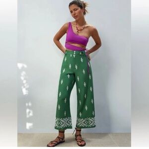 ZARA Linen Blend High Waisted Wide Leg Embroidered Culotte Pants Size Large